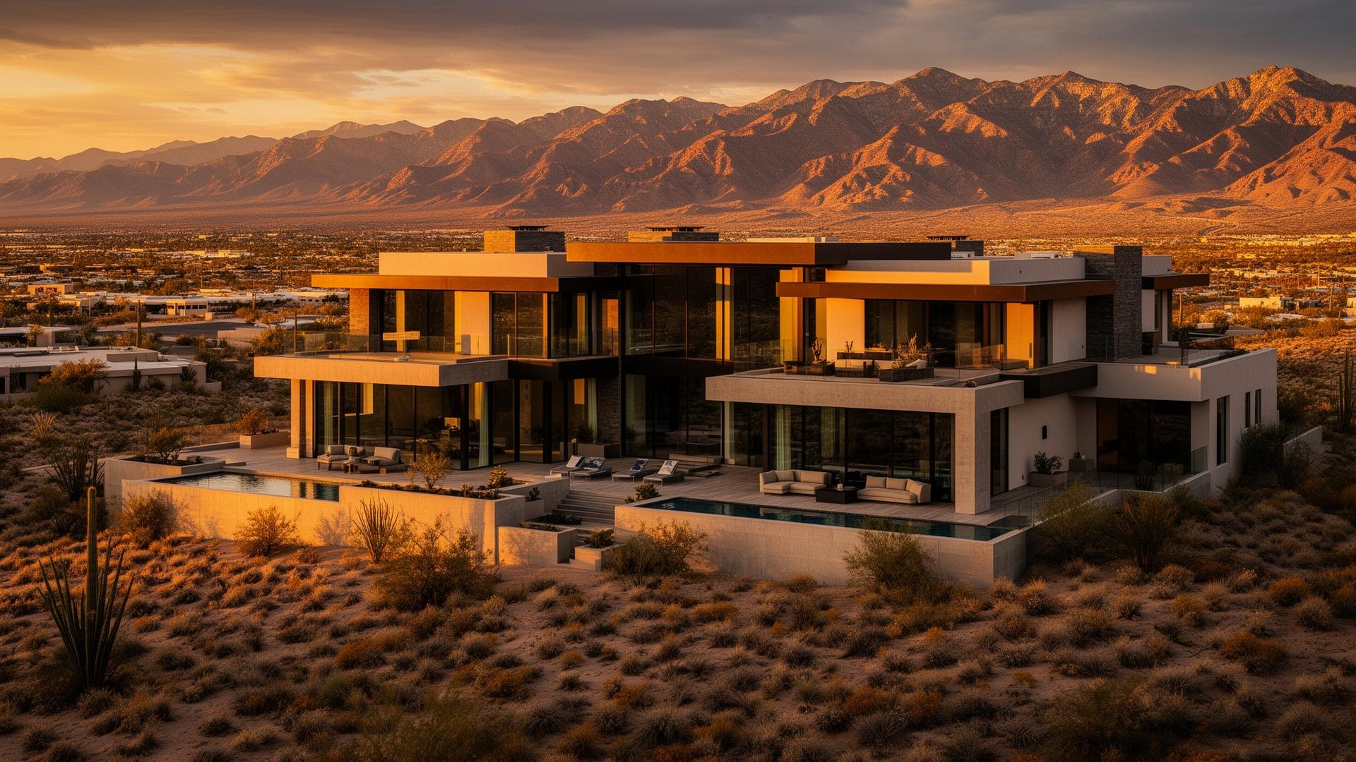 Luxury Las Vegas home at golden hour with mountain views